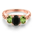 thumbnail image 3 of Gem Stone King 18K Rose Gold Plated Silver Black Onyx and Green Peridot Filigree Style 3 Stone Ring for Women (2.60 Cttw, Oval 8X6MM and 6X4MM) (Size 9), 3 of 6