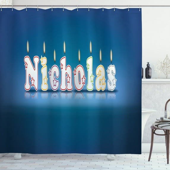 Nicholas Shower Curtain, Surprise Party for the Birthday Boy Child`s Name with Burning Candles, Fabric Bathroom Set with Hooks, 69W X 70L Inches, Blue and Multicolor, by Ambesonne