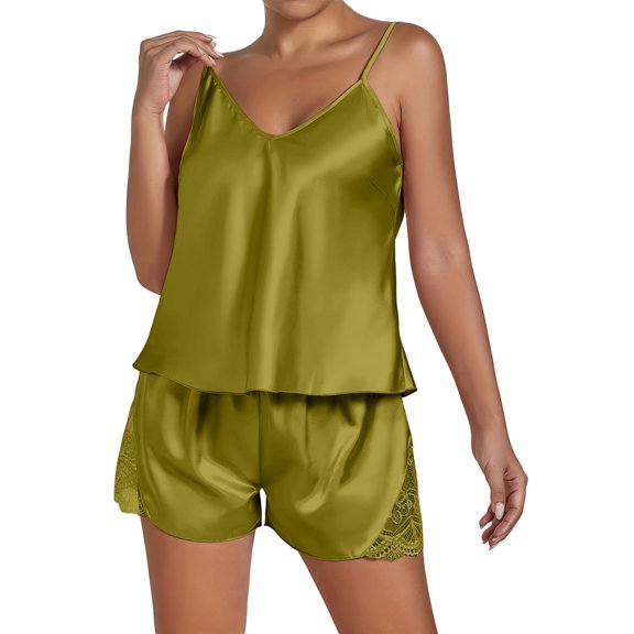 IMENGL Women's Pajamas Set Loungewear Silk Satin Ruffled Shorts Satin Shorts Nightwear Onesises Sleepwear Pajama Sets for Women,Green