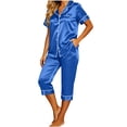 thumbnail image 3 of XUNKUSGA Women's Satin Pajama Sets 2 Piece Capri Pajamas Short Sleeve Lapel Button Down Shirts Silk Pjs Lightweight Breathable Casual Pajamas for Women Set Blue S, 3 of 7