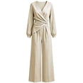 thumbnail image 4 of JIAYUE Women's 2-Piece Set Solid Color V Neck Irregular Long Sleeved Tops With Wide Leg Pants Outfit for Vacation Trip, 4 of 4