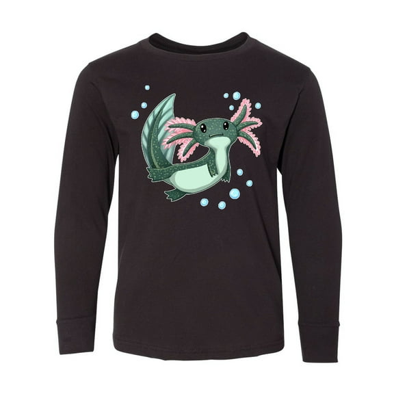 Inktastic Cute Axolotl Swimming with Bubbles Long Sleeve Youth T-Shirt