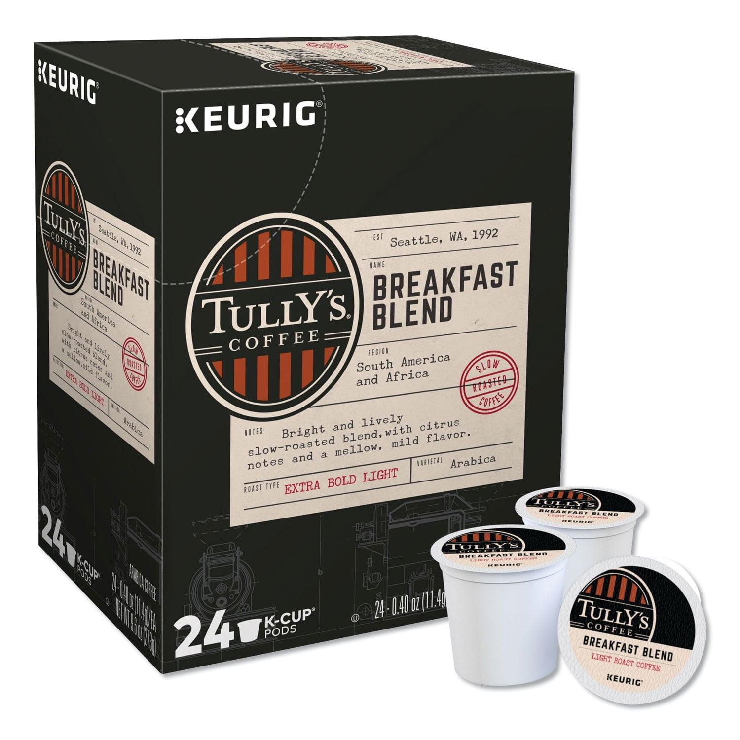 Tully's Coffee Breakfast Blend, Keurig Single-Serve K-Cup Pods, Light Roast Coffee, 96 Count