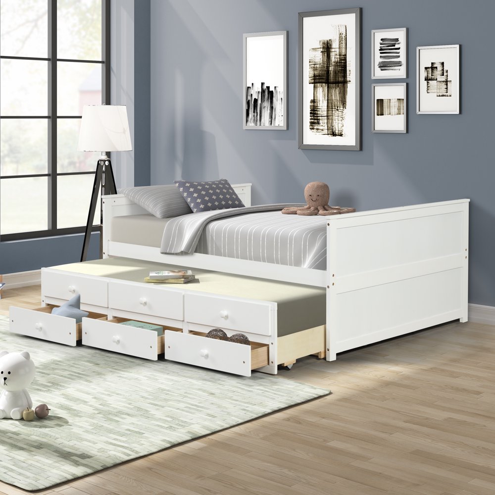 Full Bed Frame with Twin Size Trundle, SEVENTH Solid Wood Daybed with 3
