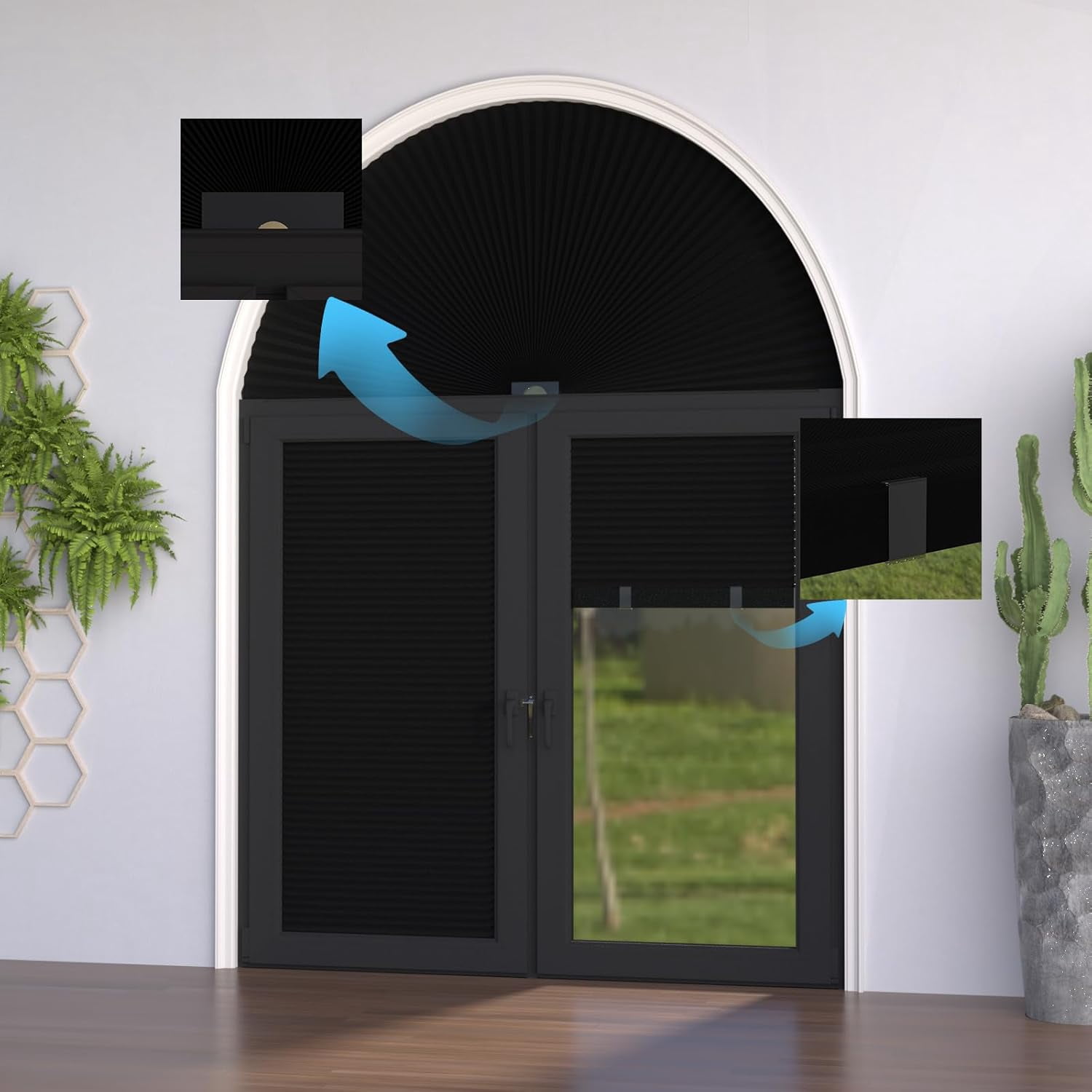 Arch Window Shades Half Circle Blackout Cellular Shades Cordless No Drill Blinds for Windows Half Moon Honeycomb Fabric No Tools Room Darkening Shades Easy Install (1PCS Black 72" W X 36" H)