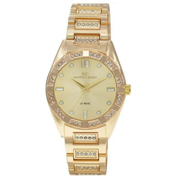 38mm Montres Carlo Women Luxury Fashion Stones Quartz Bracelet Wrist Dress Watch (Gold)