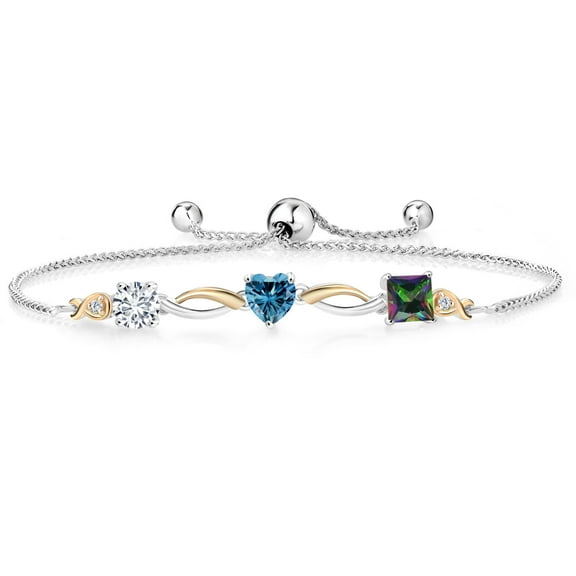 Gem Stone King 925 Silver and 10K Yellow Gold Persian Blue Moissanite Green Mystic Topaz and Lab Grown Diamond Tennis Bracelet for Women By Keren Hanan (2.10 cttw, Adjustable To 9 inch)