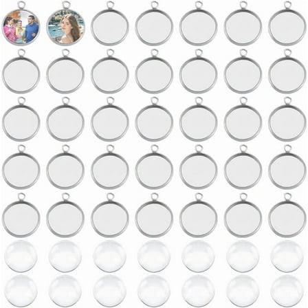 200Pcs 100 Sets Flat Round Cabochon Pendant Blanks Dome Bezels Charms 12mm Tray Stainless Steel Base Cabochon Charms with Glass Cabochons for DIY Jewelry Making Silver
