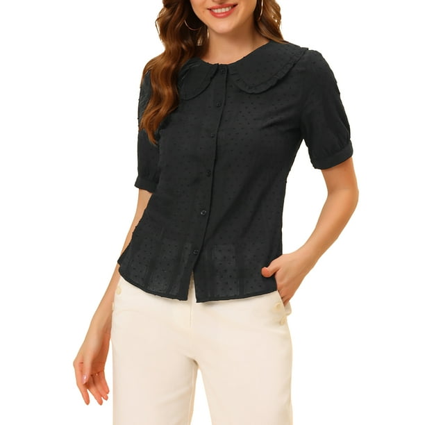 BLUSA CHIC PARA MUJER CON COLLAR PETER PAN Y PUNTOS SUIZOS, MANGA CORTA, TALLA XL, NEGRO