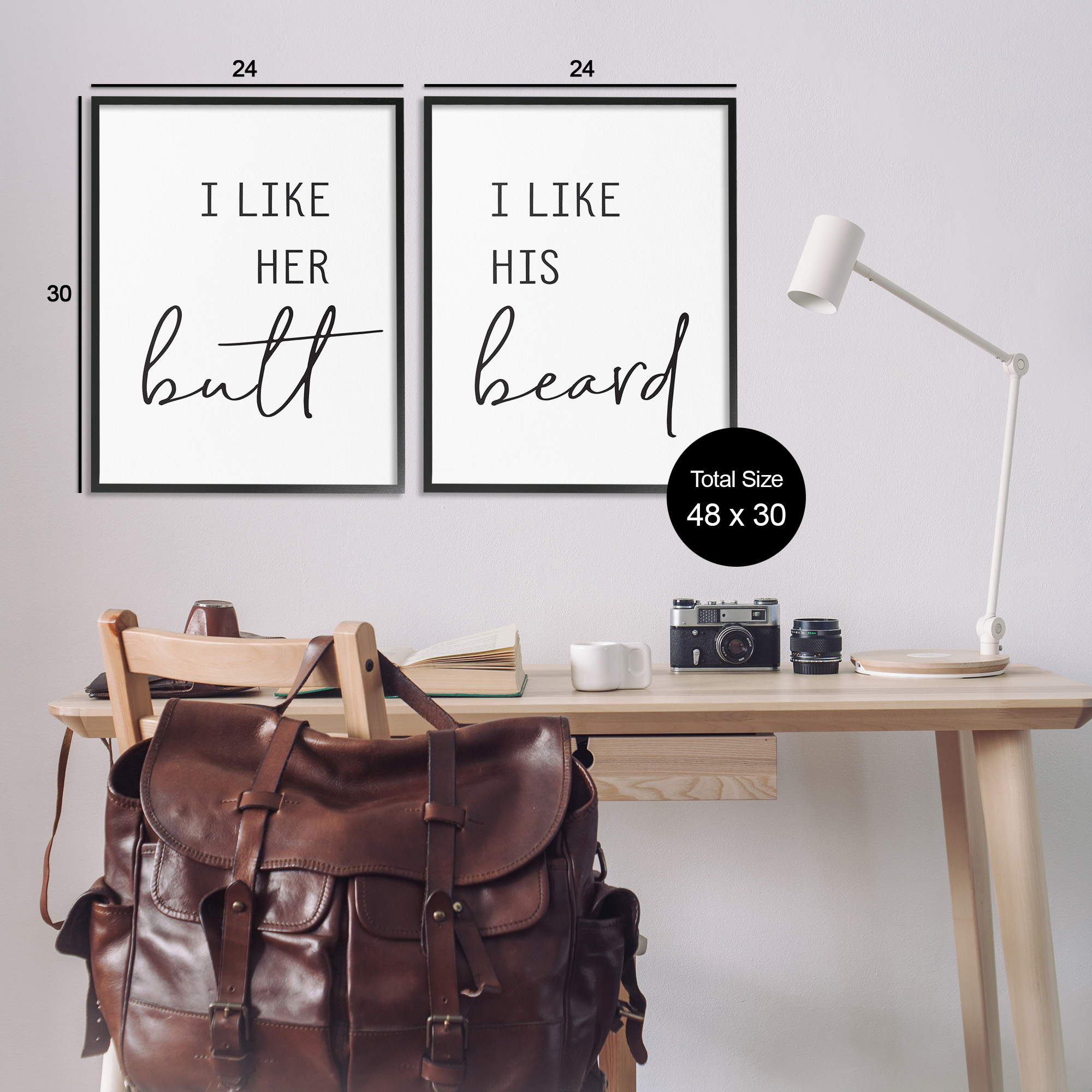Stupell Industries Her Butt His Beard Funny Romantic Typography Painting Black Framed Art Print Wall Art, 24 x 30, Set of 2