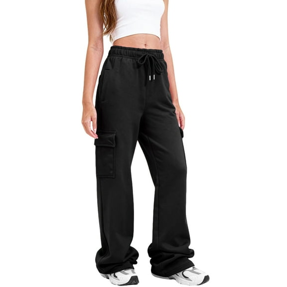 Women's Fleece-Lined Cargo Joggers with Stacked Cuffs, Drawstring Waist, Black, Size L