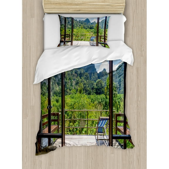 Modern Duvet Cover Set, Summer Vibes Sunny Day in Forest Mountain Flowers Photograph, Decorative 2 Piece Bedding Set with 1 Pillow Shams, Twin Size, Pale Green Dark Green, by Ambesonne