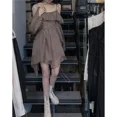 thumbnail image 4 of Spring 2024 New Pure Lust Style Coffee Color Light Hot Girl Bell Sleeve Slash Shoulder High Waist Long Sleeve Dresses FJH, 4 of 6