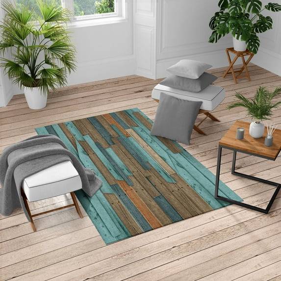 Rustic Turkish Area Rug, Grunge Wood Planks Barn House Door Nails Country Farm House Life Theme Layout, Soft Carpet for Living Room Decor with Distressed Look, 5.2' X 7.6', Almond Green, by Ambesonne