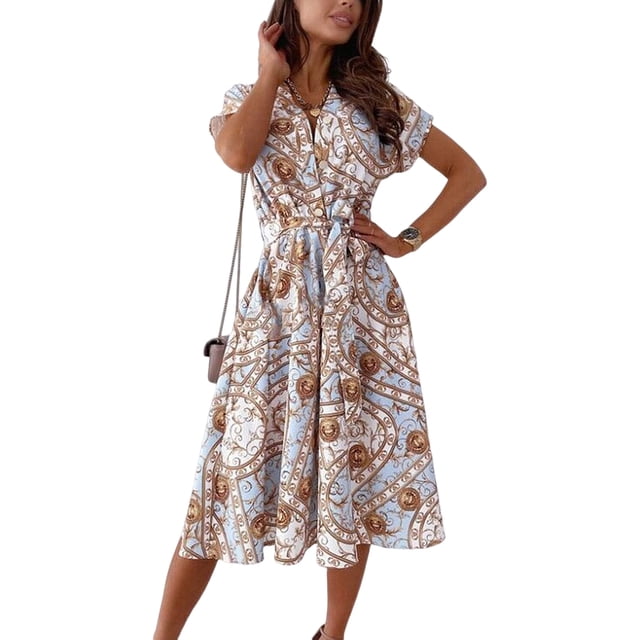 Sonducket Vestido camisero de manga corta con estampado de flores y cuello en V de verano, accesorio de ropa transpirable, regalos para viajes, Vestidos 2XL
