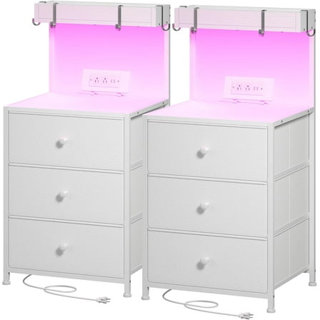YYEAN Tall Night Stand Set of 2, Nightstand with Charging Station and Led Nightstand with 3 Drawers, Bedside Table with Drawers and Outlets, for Bedroom,Entryway, Hallway, Closet, 4 Hooks,White