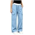 thumbnail image 2 of Mifsaly Cargo Pants for Girls Uniform Pants Kids High Waisted Relaxed Fit Casual Back to School Bottoms with Multi Pockets Sky Blue,12-13 Years, 2 of 9
