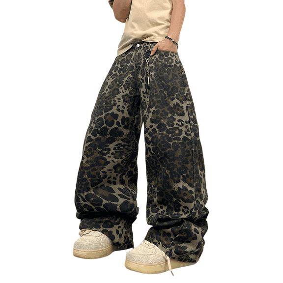 Mrmall Men's Leopard Print Baggy Jeans Y2K Hip Hop Wide Leg Denim Jeans with Pockets Streetwear