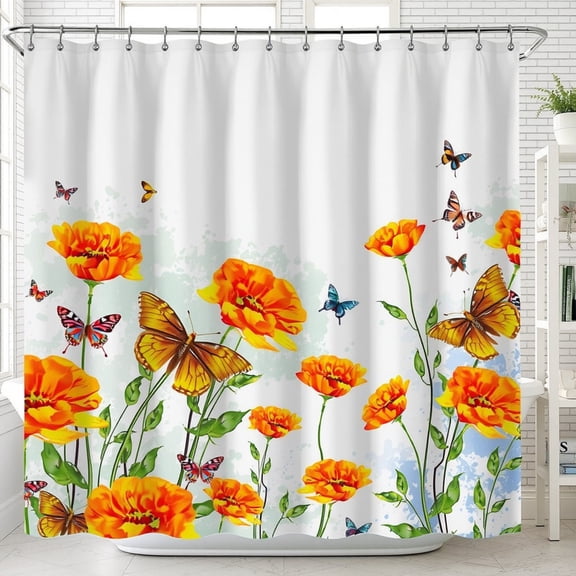 Vibrant Floral Shower Curtain with Orange & Butterflies - Whimsical Nature Design for Bathroom