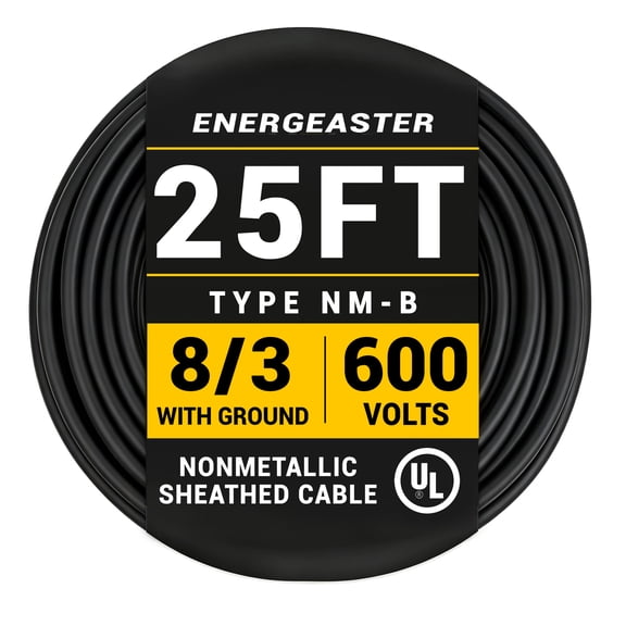Energeaster 25ft 8/3 NM-B Pure Copper Wire, 8 AWG 3 Conductors with Ground Wire, Black, Indoor Electrical Wire