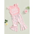 thumbnail image 3 of Bagilaanoe 2pcs Toddler Baby Girl Long Pants Set Flying Sleeve Letter Print  T-shirt Tops + Floral Flare Trousers 9M 12M 18M 24M 3T 4T Kids Casual Outfits, 3 of 8
