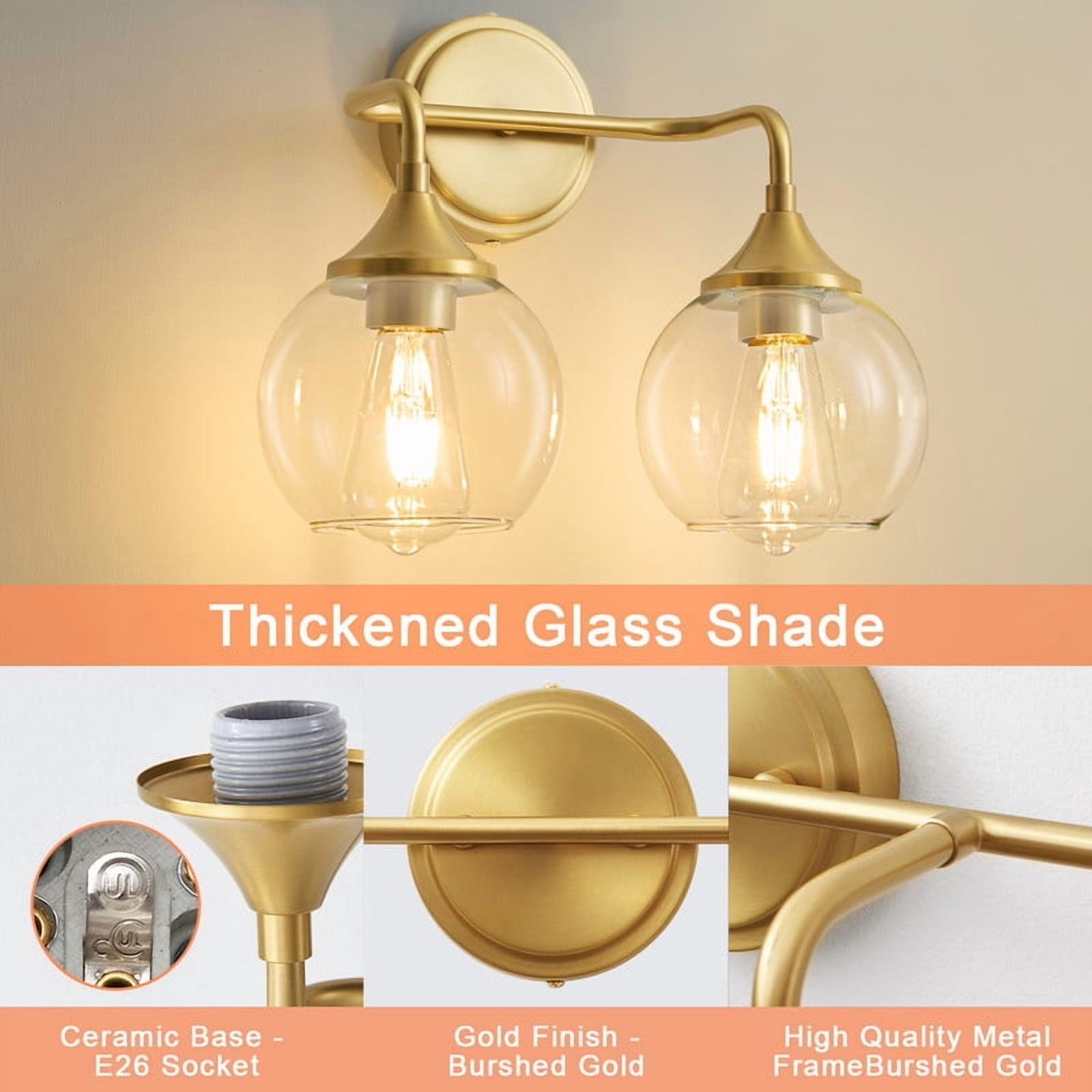 Bathroom Vanity Light with Clear Glass Shade, E26 Base, Bathroom Light Fixtures Over Mirror, Vanity Lights for Bathroom (Exclude E26 Bulb) - Gold, 2-Lights