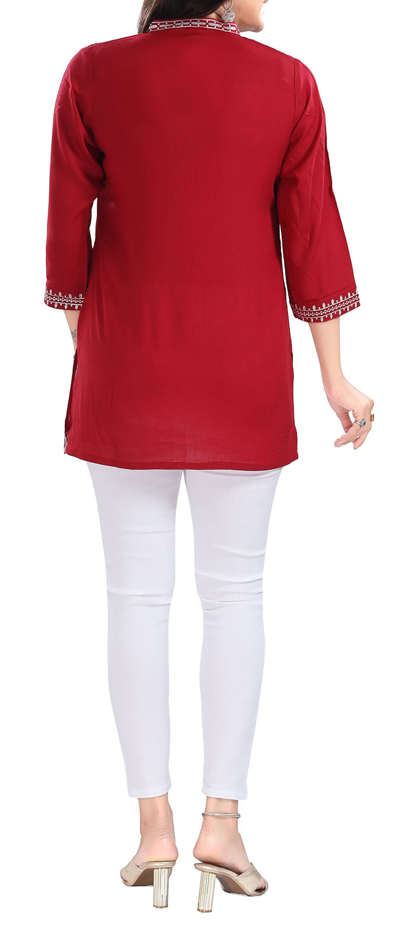 IshDeena Indian Kurtis for Women Indian Style Printed Embroidered Tunics  Womens Tops Kurta (Large, Red - 0622S1ID2) 