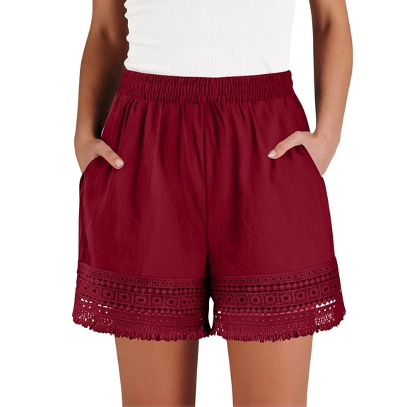 Sevevn Women's Elastic Waist Casual Shorts Loose Fit Lace Trim Tassel Hem Summer Shorts with Pockets Wine 3XL