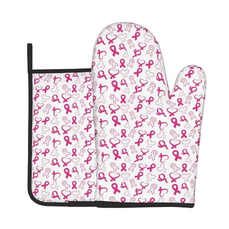 

Vsdgher Breast Cancer Awareness4 Oven Mitts and Pot Holders 2 pcs Set High Heat Resistant Kitchen Oven Glove for Baking and Cooking