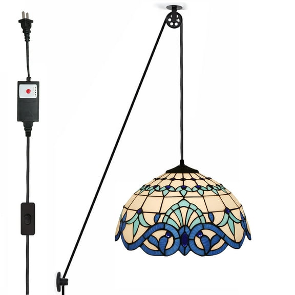 Kiven Plug in Pendant Light, Tiffany Style Hanging Light Fixture with Pulley and Timer,1-light