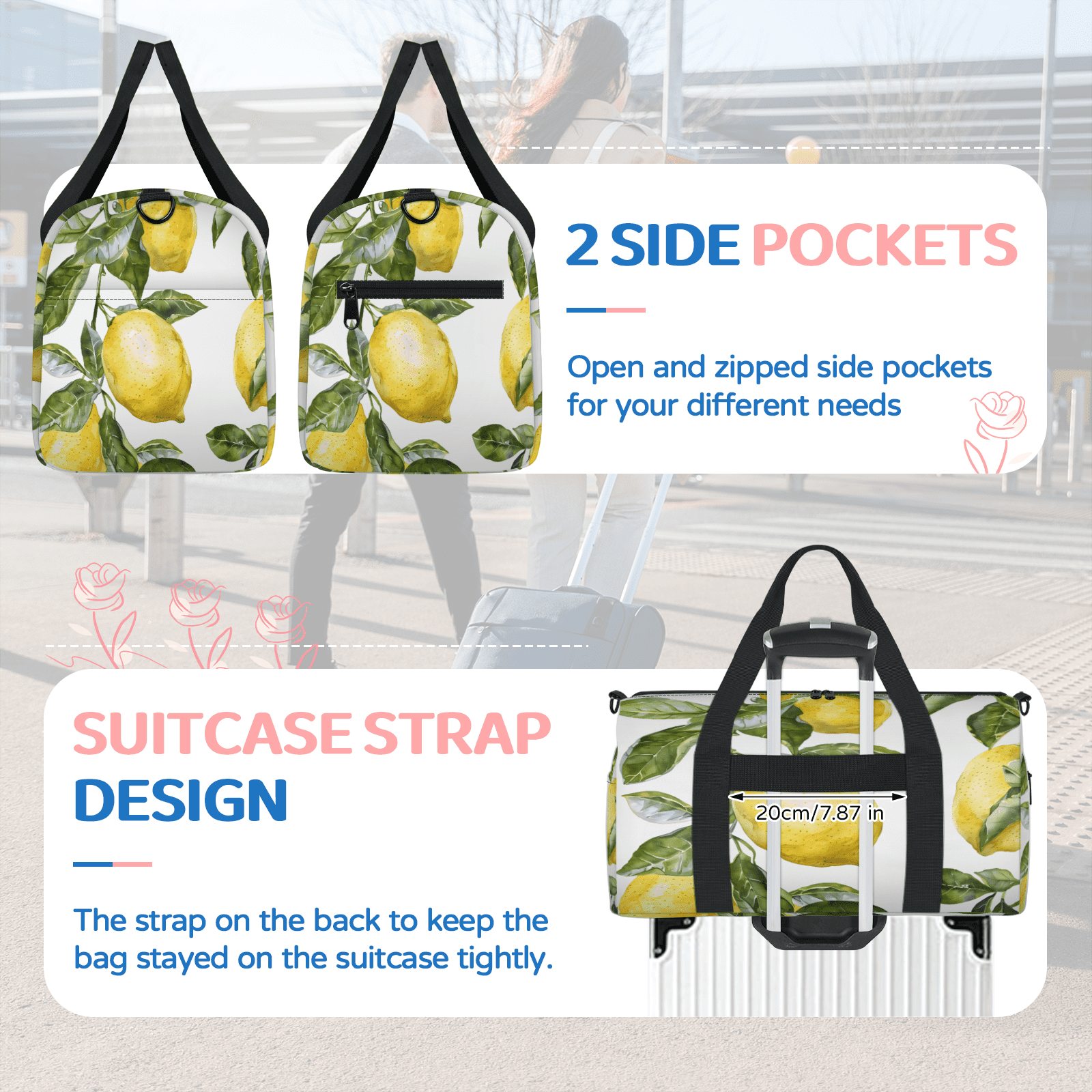 Herdesigns Lemon Fruit Gym Bag for Women, Duffle Bag for Travel Sport, Lightweight Waterproof Carry on Weekender Overnight Dance Yoga Workout Bags