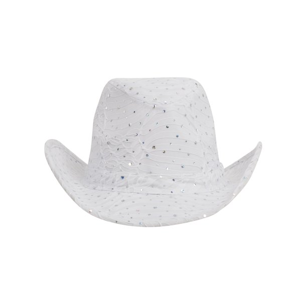 SS/Sophia Glitter Sequin Trim Cowboy Hat White