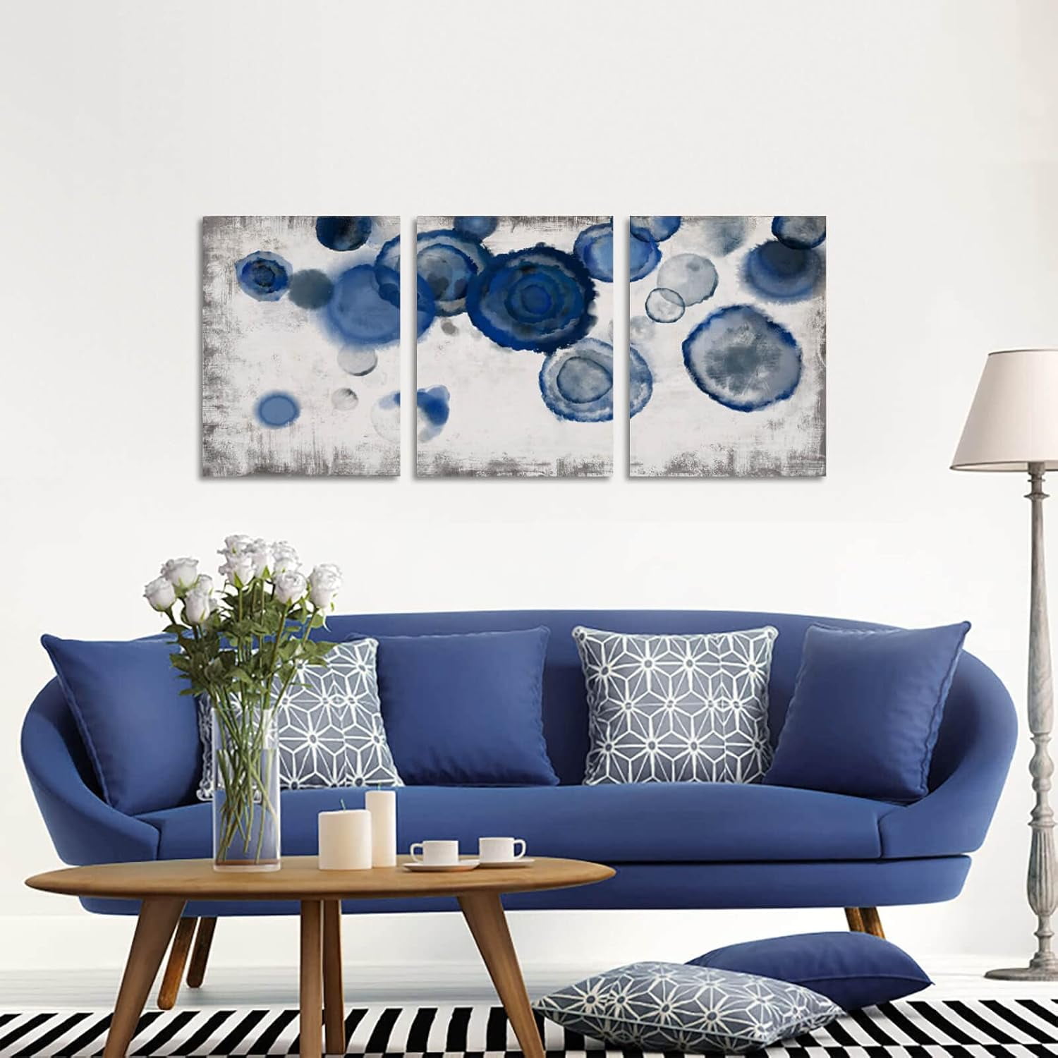 Abstract Watercolor Wall Painting Pictures for Bathroom Wall Decor Navy Blue Canvas Prints Blue and White Wall Art for Bedroom Kitchen Office 12"x16"x3p