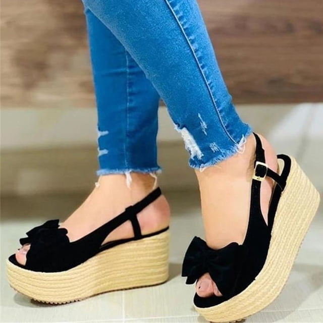Zapatos informales con punta abierta y lazo para mujer, sandalias de cuña con plataforma sólida y cómoda Wmkox8yii shjk6358