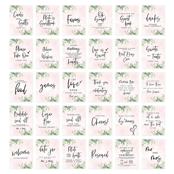 Koyal Wholesale Greenery Foliage Wedding Signs Bundle Set for Ceremony, Reception Decor Signage, 8.5 x 11", 30-Pack