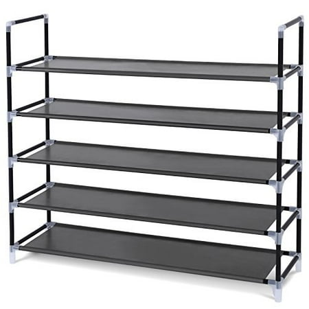 SONGMICS 5 Tiers Shoe Rack Space Saving Shoe Tower Cabinet Storage Organizer Black ULSH55H