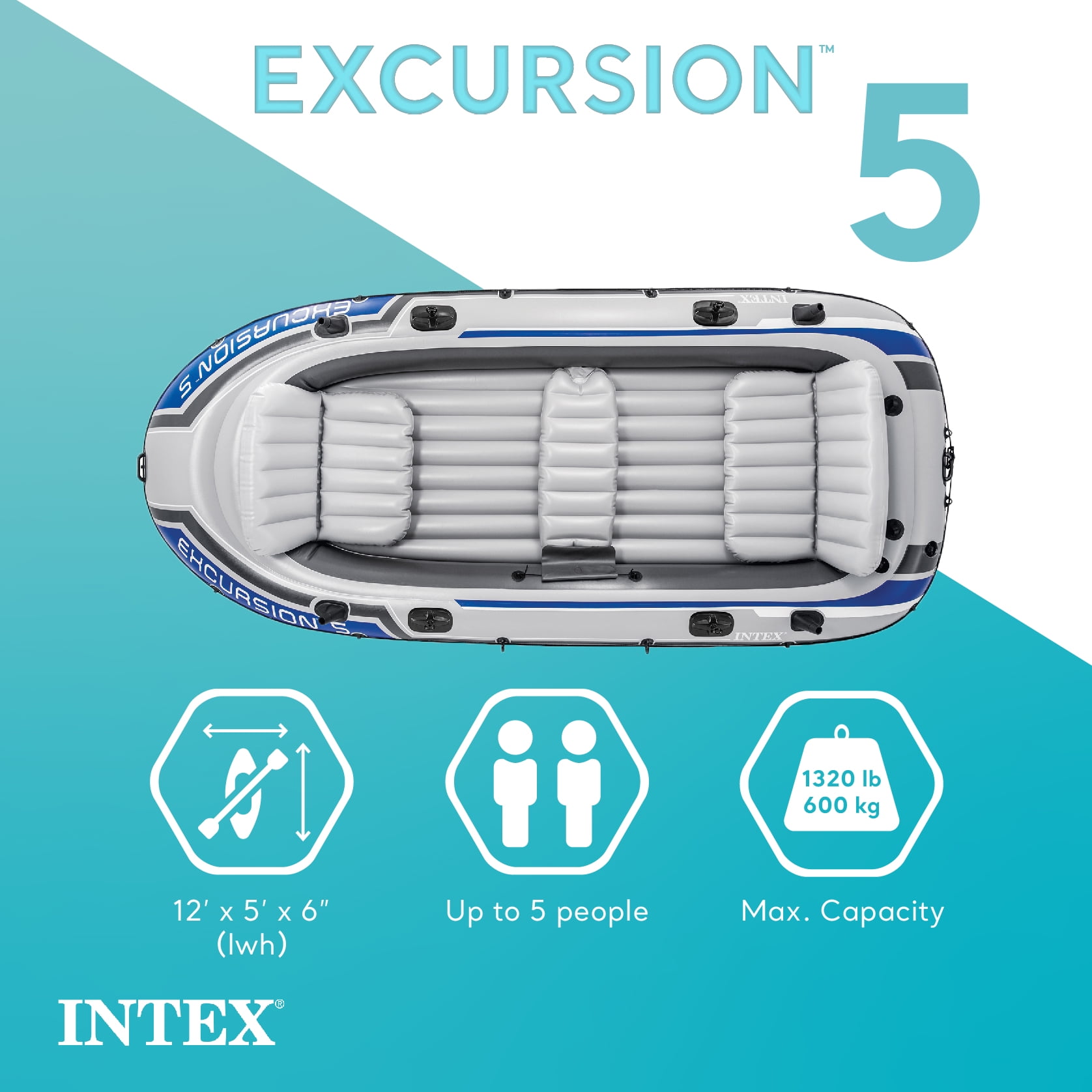 Intex, Inflatable Fishing Boat, Excursion 5 Person, with Motor