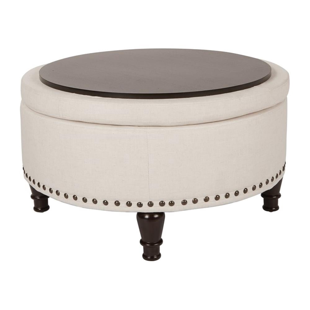 Pemberly Row Modern Round Storage Ottoman in Linen Cream Fabric