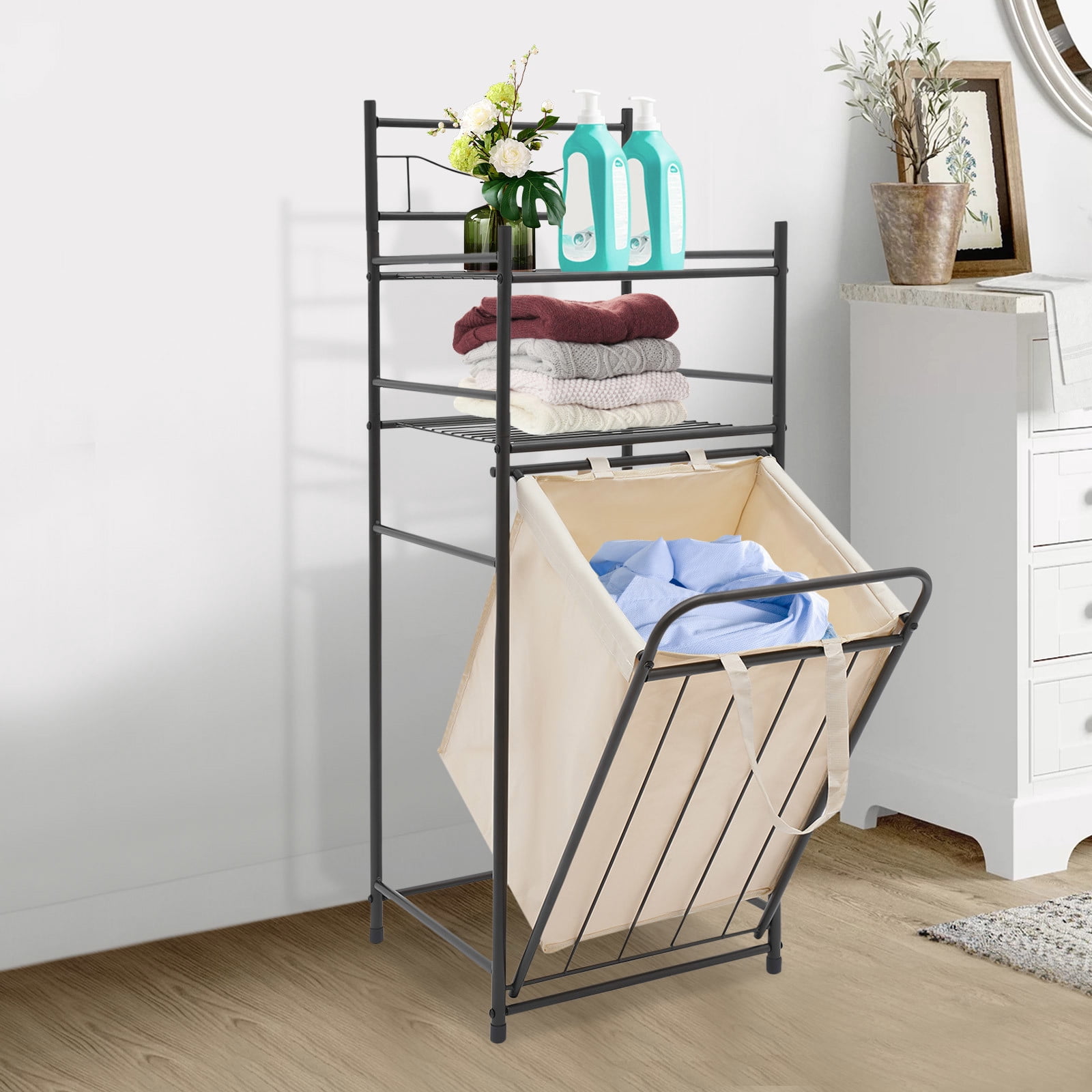 15.2*14*41.5in Tilt Out Laundry Hamper, Utility Laundry Basket with 2 Tier Storage Shelf and Removable Bag Metal Dirty Clothes Storage Shelf for Bathrooms Dorms Bedrooms