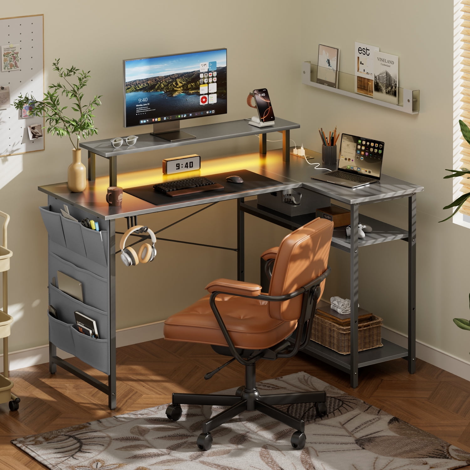 HLDIRECT 43 Inch L Shaped Computer Desk with Power Outlet, Gaming Corner Desk with LED Lights, Home Office Table with Storage Shelves & Monitor Stand, Grey