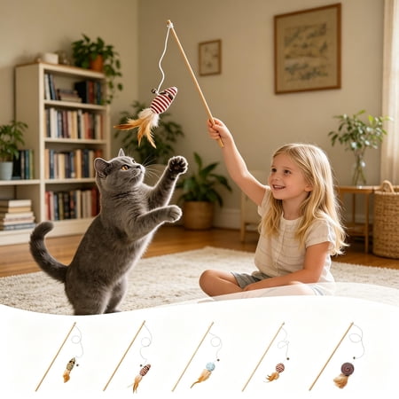 Natural Wood Cat Wand Teaser Toy Red Woven Rope Ball with Feather Interactive Fishing Pole Durable Handheld Cat Exercise Toy for Indoor Kittens Adult Cats Relieve Boredom Release Energy