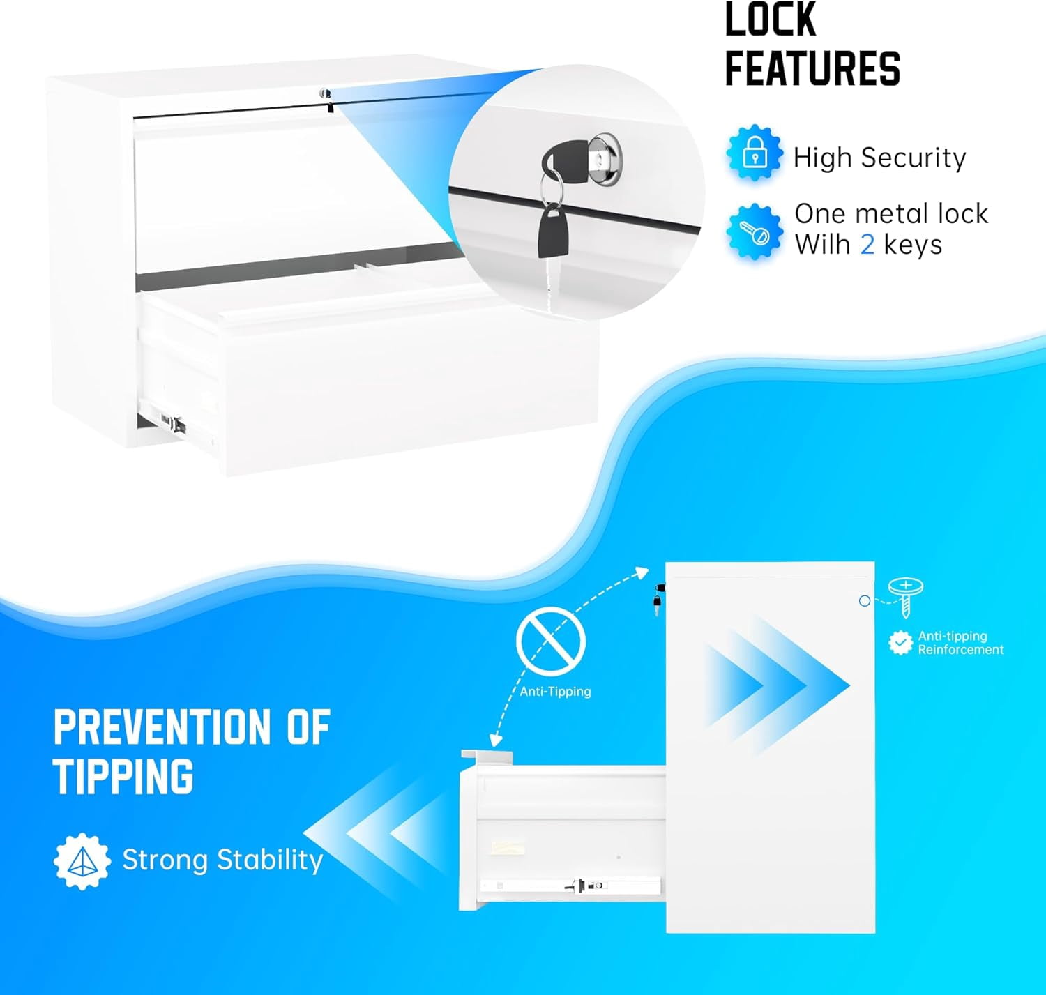 SUNCROWN Lateral File Cabinet 2 Drawer, Lockable Metal Filing Cabinet for Home Office, White Metal File Cabinet with Lock for Legal/Letter/A4/F4 Size with Hanging Bars&Key