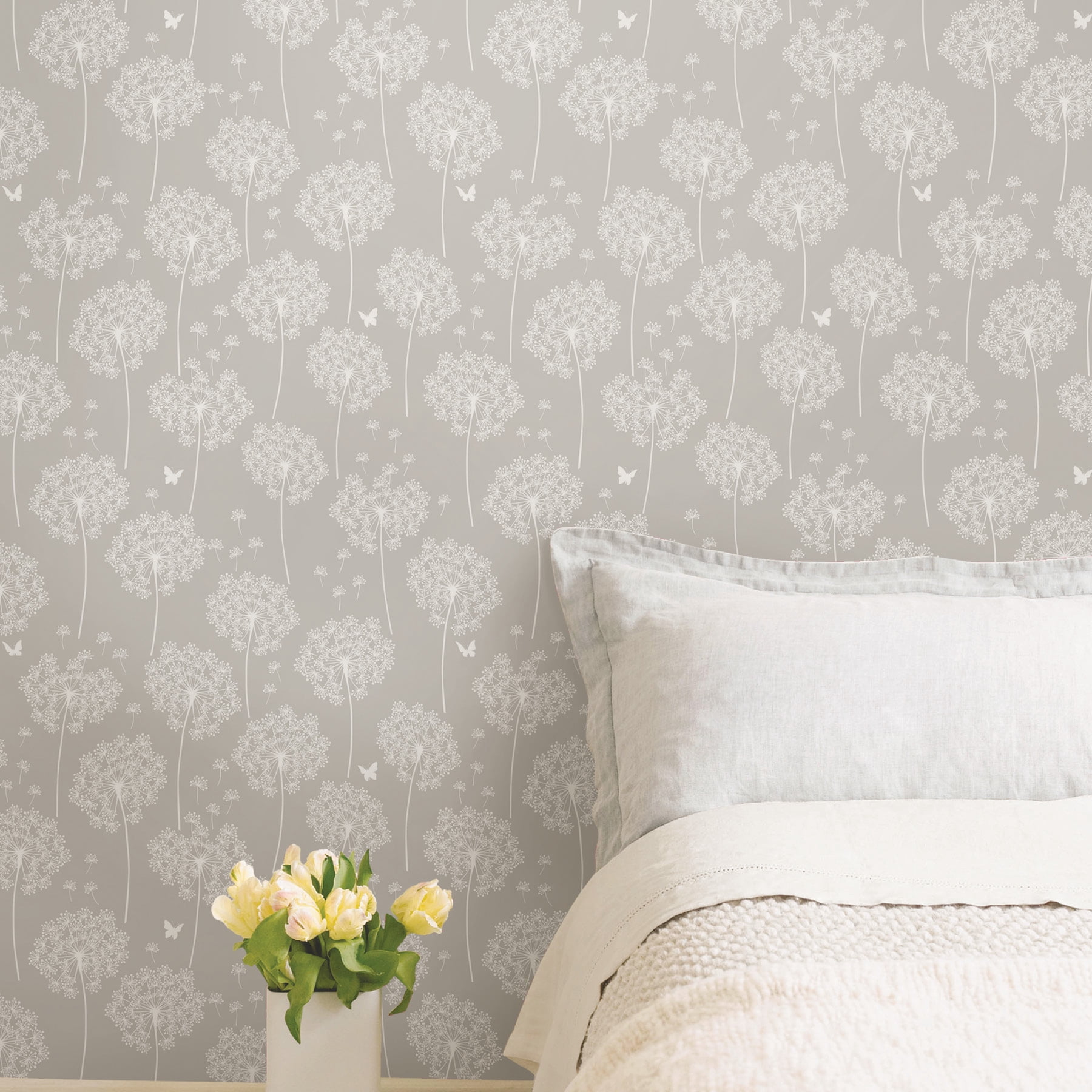 NuWallpaper Dandelion Grey Vinyl Peel And Stick Wallpaper, 216-in by 20.5-in, 30.75 sq. ft.