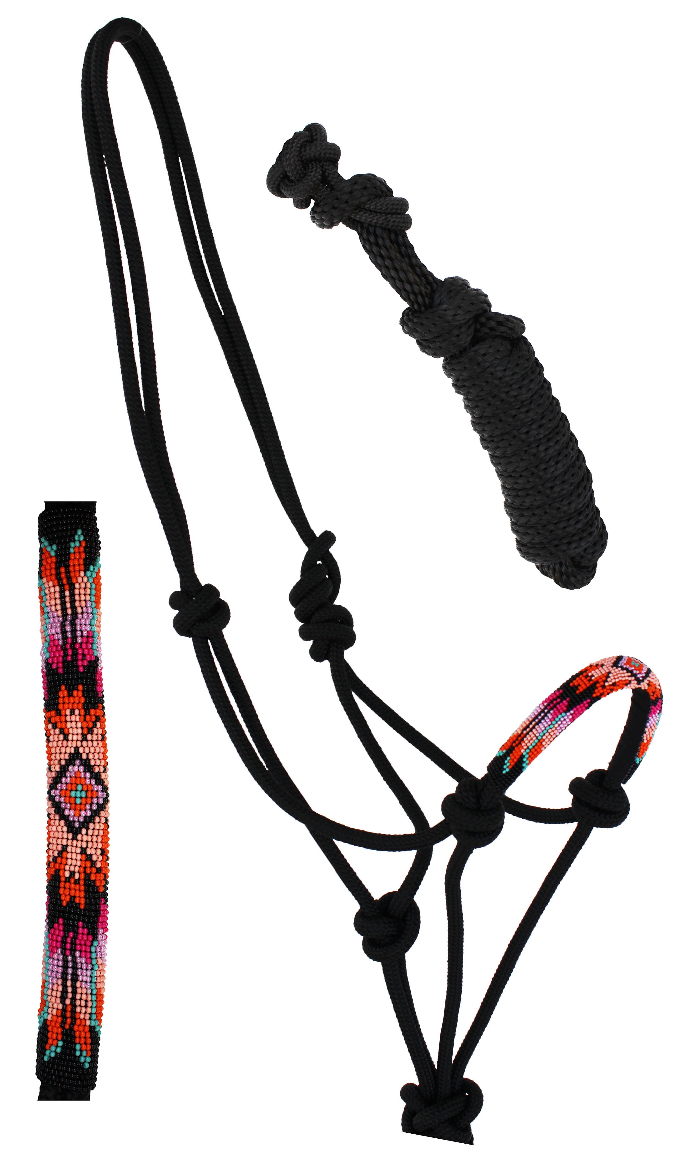 Nylon Horse Braided Beaded Noseband Rope HALTER Lead Rope Tack Black