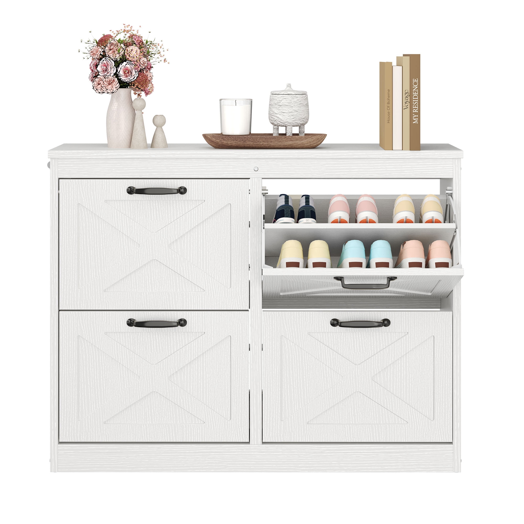 Uforic Shoe Storage Cabinet with 4 Flip Drawers, Farmhouse Wood Shoe Cabinet, FreeStanding Narrow Shoe Rack Organizer with Metal Legs for Entryway, Hallway, White