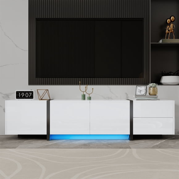 Noble House TV cabinet with low panel and contrasting legs in white high-gloss, with doors and drawers and clean lines. White