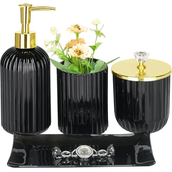 ZEN Bathroom Accessories Set, 4Pcs Black Glass Bathroom Accessories Sets Complete w/Lotion Soap Dispenser, Toothbrush Holder, Apothecary Jar, Vanity Tray, Bathroom Decor, Gift for Home Apartment