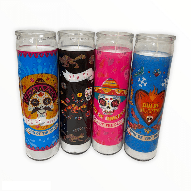 DIA DE LOS MUERTOS Day of the Dead Glass Jar Candles, 8in.; Set of 4