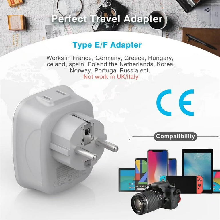 2Pack European Travel Plug Adapter (Not for UK), US to Europe Power Outlet  Converter, USA to German Italy Spain France Greece Iceland Romania Russia Electrical  Adaptor USB Wall Charger 