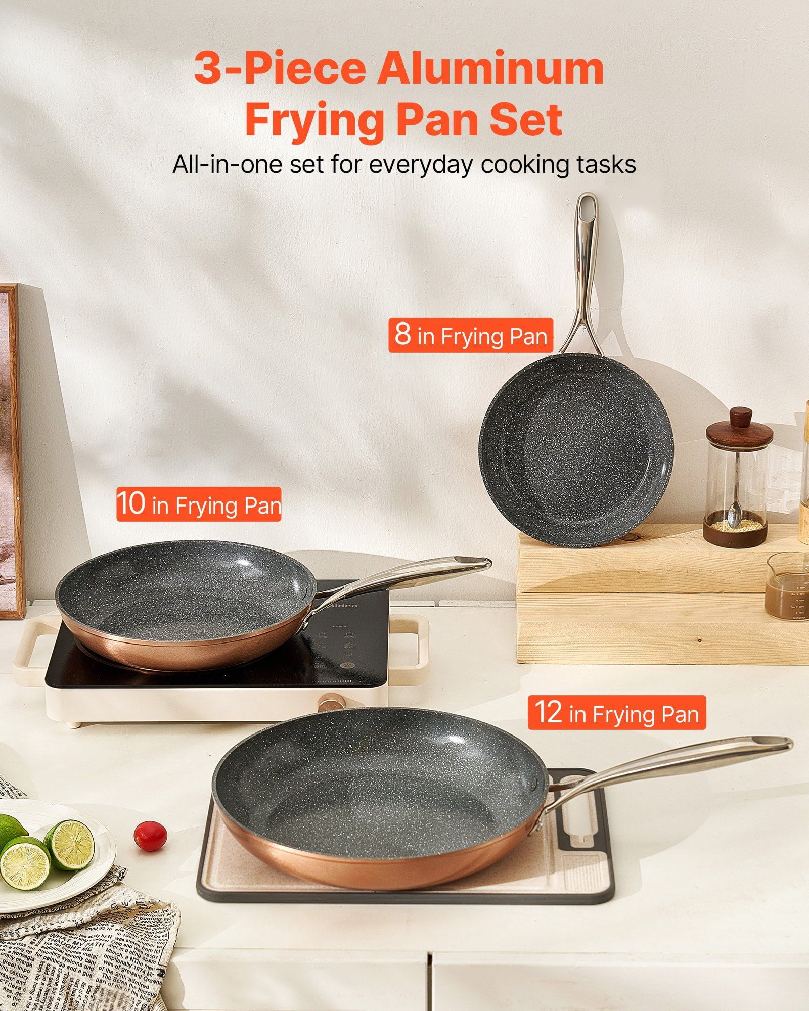 3-Piece Non-Stick Frying Pan Set, 8/10/12 Inch Aluminum Skillet Cookware Set, Pre-Seasoned & PFOA-Free, Grey, Dishwasher Safe